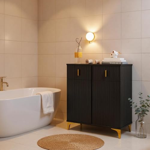 FurnitureR Black High & Medium Cabinet, Modern Fluted Design, Sturdy Particle Board, Ample Storage, Compact Size, Ideal for Contemporary Bathrooms FurnitureR Black High & Medium Cabinet, Modern Fluted Design, Sturdy Particle Board, Ample Storage, Compact Size, Ideal for Contemporary Bathrooms von FurnitureR