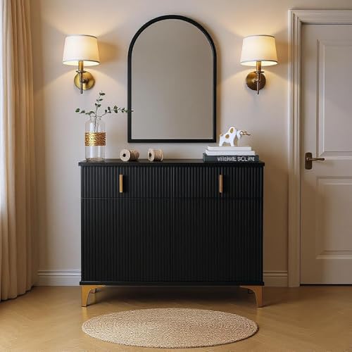 FurnitureR Black Sideboard, Modern High-Gloss Finish, Durable Particle Board Construction with Gold Accents, Compact Size for Hallway or Living Room, Easy Assembly von FurnitureR