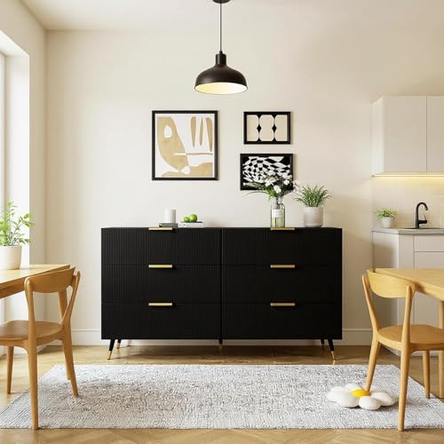 FurnitureR Black Unbewegliche Kücheninsel, Moderner Stil, Geräumige Aufbewahrung, Robustes Spanplattenmaterial, Elegante Messingakzente, 6-Schubladenkonstruktion, Vielseitige Raumnutzung von FurnitureR