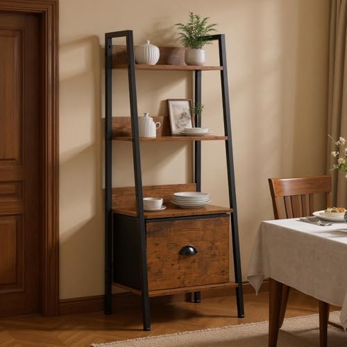 FurnitureR Buffetregal Leiterstil 42x29x110 cm, 4 Ebenen mit Stoffschublade, 12 mm Holzplatten & 20 mm Metallrahmen, 7,5 cm Rückwand, Landhausstil für Esszimmer von FurnitureR