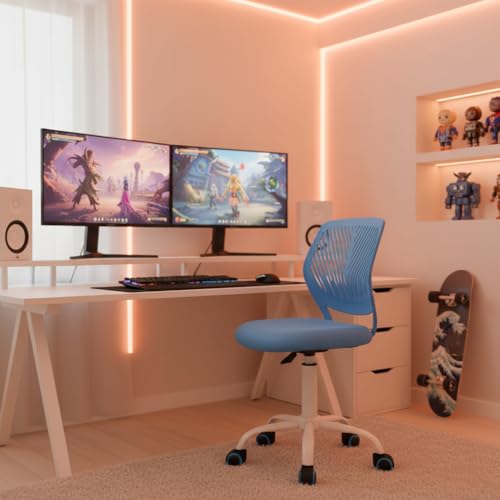 FurnitureR Computer Gaming Stuhl ergonomischer Drehstuhl ohne Armlehnen, höhenverstellbar, Netzrückenlehne, Sitz 38x40cm, 32cm Rückenlehne, 130kg Tragkraft, Blau von FurnitureR