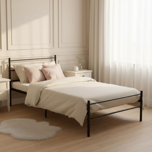 FurnitureR Einzelbett Metall 90×200 cm, stabiles Plattformbett mit Lattenrost, klassisches Gestell mit Kopf- & Fußteil, für Schlafzimmer, Gästezimmer & Jugendzimmer, bis 150 kg belastbar，Schwarz P von FurnitureR