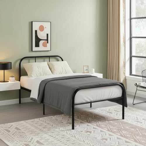FurnitureR Einzelbett Metall 90×200 cm, stabiles Plattformbett mit Lattenrost, klassisches Gestell mit Kopf- & Fußteil, für Schlafzimmer, Gästezimmer & Jugendzimmer, bis 150 kg belastbar，Schwarz M von FurnitureR