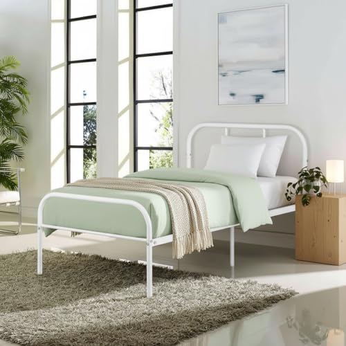 FurnitureR Einzelbett Metall 90×200 cm, stabiles Plattformbett mit Lattenrost, klassisches Gestell mit Kopf- & Fußteil, für Schlafzimmer, Gästezimmer & Jugendzimmer, bis 150 kg belastbar，Weiß M von FurnitureR