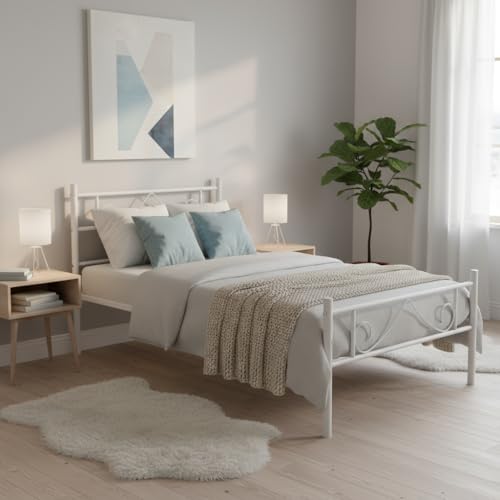 FurnitureR Einzelbett Metall 90×200 cm, stabiles Plattformbett mit Lattenrost, klassisches Gestell mit Kopf- & Fußteil, für Schlafzimmer, Gästezimmer & Jugendzimmer, bis 150 kg belastbar，Weiß B von FurnitureR