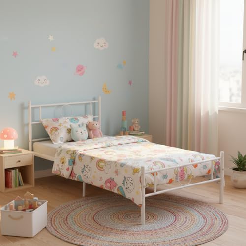 FurnitureR Einzelbett Metall 90×200 cm, stabiles Plattformbett mit Lattenrost, klassisches Gestell mit Kopf- & Fußteil, für Schlafzimmer, Gästezimmer & Jugendzimmer, bis 150 kg belastbar，Weiß C von FurnitureR