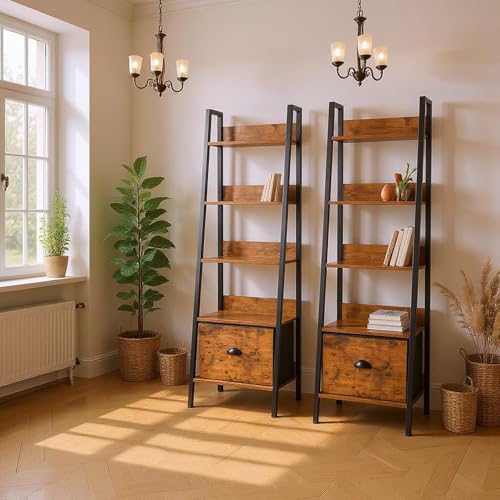 FurnitureR Esszimmer Glasvitrine Leiterstil 42x29x141 cm, 5 Ebenen, Stoffschublade, 12 mm Holzplatten & 20 mm Metallrahmen, 7,5 cm Rückwand, Elegantes Präsentationsregal von FurnitureR