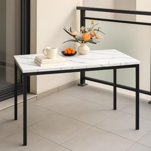 FurnitureR Gartentische aus weißem Marmorimitat, für 4 bis 6 Personen, Dicke Holzplatte mit Metallstruktur, für Terrasse, Terrasse, Esszimmer, Garten, 120 x 70 x 75 cm von FurnitureR