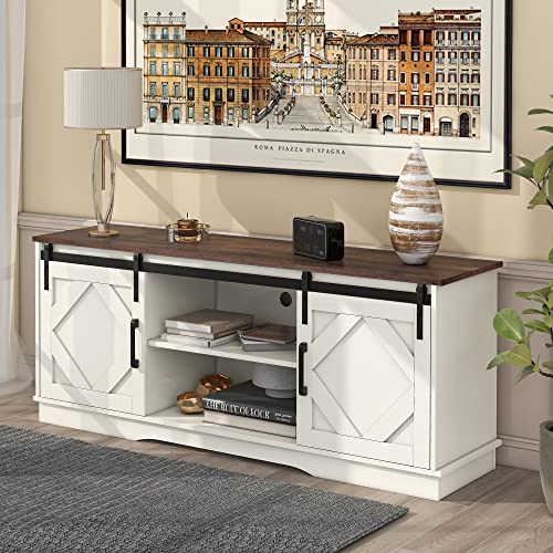 FurnitureR Großer TV-Schrank TV Stand Sideboard Entertainment Center mit 2 klassischen Schiebetüren Einstellbare Regale für Wohnzimmer Esszimmer Landhaus Modernes Design 150 * 40 * 60cm von FurnitureR