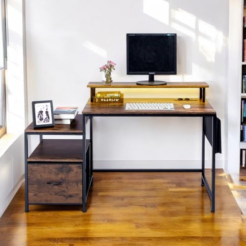 FurnitureR Industrial Computer Desk, with LED Light Belt, Integrated Workstation with 1 Black Non-Woven File Bag and 1 Drawer, 2 Power Sockets + 2 USB, Includes Storage and Cable Management, L143,5 cm von FurnitureR