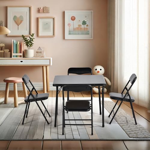 FurnitureR Klappbares Kindertisch- und Stuhl-Set – 1 Tisch (61x61x51 cm) mit schwarz PVC-Polster & Metallgestell + 4 gepolsterte Stühle in schwarz – Platzsparend, Stabil & Bequem von FurnitureR