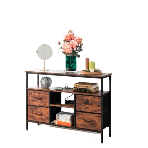 FurnitureR Kommode mit Ladestation und LED-Leuchten, Lange Schwarze Kommode für Schlafzimmer mit 4-Stoffschubladen, Breiter TV-Ständer für Wohnzimmer mit offenem Regal, Metallrahmen, Holzplatte von FurnitureR