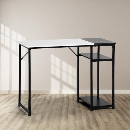 FurnitureR Kompakter Schreibtisch für das Heimbüro mit Regal - Retro-Stil, 100 cm Länge, schwarz-weiß, Holz und Metall von FurnitureR