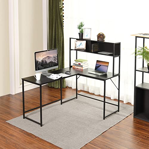 FurnitureR L-Shape Eckschreibtisch Großer Schreibtisch, für Gaming, mit 2 Metallregalen-Zeitgenössischer Stil, Minimalismus Insgesamt schwarz, 138 X 110 X 75-135cm von FurnitureR