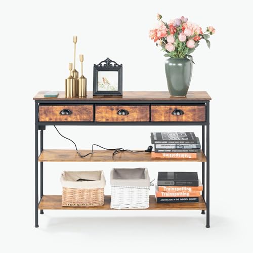 FurnitureR L110 cm Konsolentisch, Sofa, Tisch, Metallrahmen mit MDF-Schalen und 3 Nicht-gewebten Drawern, Eingangsbereich mit Ladestation, vielseitig und langlebig, für Wohnzimmer oder Hallway von FurnitureR