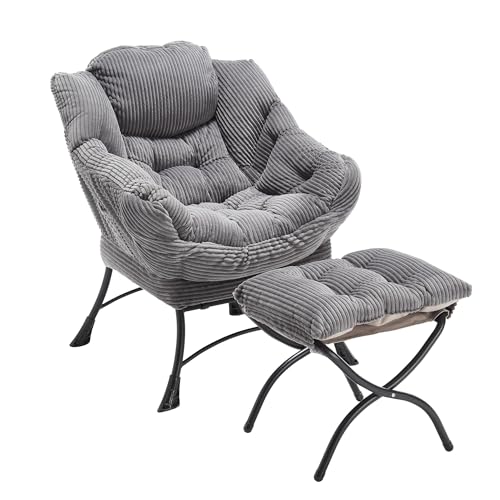 FurnitureR Lazy Chair with Ottoman, Modern Lounge Accent Chair with Armrests and a Side Pocket, Leisure Upholstered Sofa Chair Reading Chair with Footrest for Small Space, Corner Chair-Grey von FurnitureR