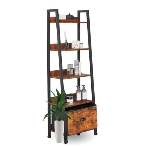 FurnitureR Leiterregal, 5-Tier schmales Regal, Bücherregal für Home Office, Wohnzimmer, Schlafzimmer, Küche, Bücherregal aus Holz mit Schubladen, Industrie, Rustikal Braun und Tinte Schwarz FurnitureR Leiterregal, 5-Tier schmales Regal, Bücherregal für Home Office, Wohnzimmer, Schlafzimmer, Küche, Bücherregal aus Holz mit Schubladen, Industrie, Rustikal Braun und Tinte Schwarz von FurnitureR