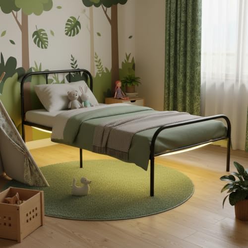 FurnitureR Metall Einzelbett 90×200 cm mit LED Streifen, 20 Farben Unterbett Beleuchtung, stabiles Plattformbett mit Lattenrost, ideal für Schlafzimmer, Jugendzimmer, bis 150 kg belastbar, Schwarz FurnitureR Metall Einzelbett 90×200 cm mit LED Streifen, 20 Farben Unterbett Beleuchtung, stabiles Plattformbett mit Lattenrost, ideal für Schlafzimmer, Jugendzimmer, bis 150 kg belastbar, Schwarz von FurnitureR