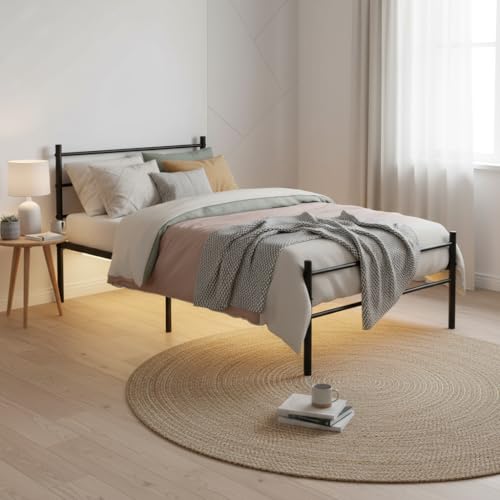 FurnitureR Metall Einzelbett 90×200 cm mit LED Streifen, 20 Farben Unterbett Beleuchtung, stabiles Plattformbett mit Lattenrost, ideal für Schlafzimmer, Jugendzimmer, bis 150 kg belastbar, Schwarz P von FurnitureR