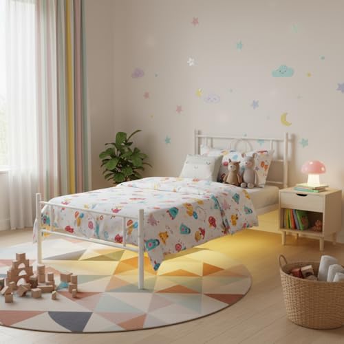 FurnitureR Metall Einzelbett 90×200 cm mit LED Streifen, 20 Farben Unterbett Beleuchtung, stabiles Plattformbett mit Lattenrost, perfekt für Schlafzimmer & Jugendzimmer, bis 150 kg belastbar, Weiß C von FurnitureR