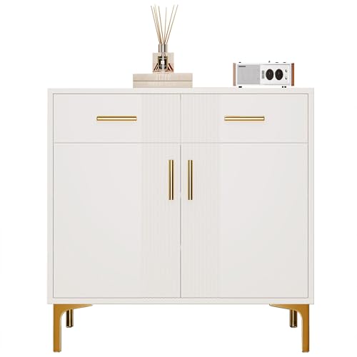 FurnitureR Moderne Sideboard-Kommode mit 2 Türen und 2 Schubladen – Aufbewahrungsschrank mit Metallgriffen und Metallfüßen für Wohnzimmer, Flur oder Esszimmer.Maße: 80cm (B) × 35cm (T) × 79.5cm(H) von FurnitureR