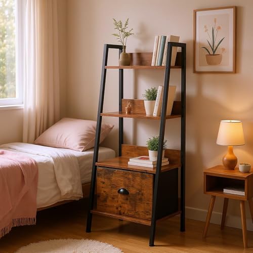 FurnitureR Nachttisch Leiterstil 4 Ebenen 42x29x110 cm mit Stoffschublade, 12 mm Holzplatten & 20 mm Metallrahmen, 7,5 cm Rückwand, Französischer Vintage-Stil für Schlafzimmer von FurnitureR