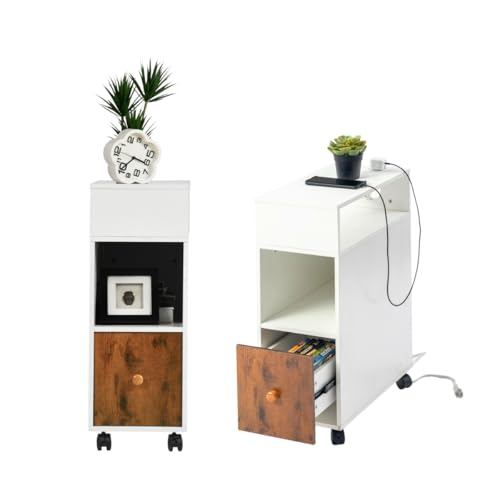 FurnitureR Nachttisch mit Rollen, 2 USB-Ports und 2 Steckdosen, mobiler Nachttisch, Aufbewahrungsschreibtisch mit Fach und Schublade, Ladestation für Schlafzimmer, 50 x 25 x 70 cm, 2 Stück von FurnitureR