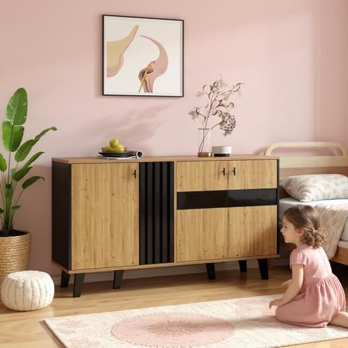 FurnitureR Natural Kommode, Modernes Design, Glas und Spanplatte, Vielseitiger Stauraum, Platzsparende Möbel, 140 cm Länge, 78,5 cm Höhe von FurnitureR