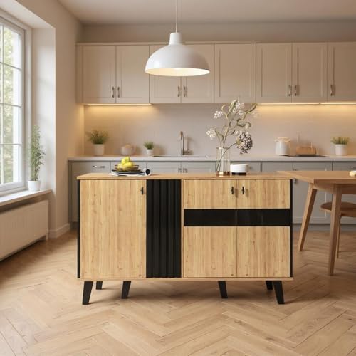 FurnitureR Natural Unbewegliche Kücheninsel, 140cm Breite, Modernes Design, Glas- und Spanplattenmaterial, Perfekt für Ihre Küche von FurnitureR