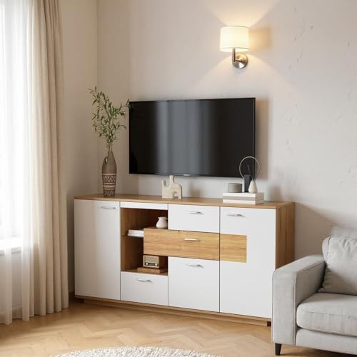 FurnitureR Naturholz TV-Bank & Lowboard, Modernes Design, MDF Material, Funktionales Möbelstück mit Viel Stauraum für Wohnzimmer von FurnitureR