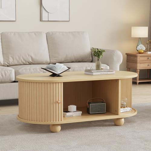 FurnitureR Ovaler Couchtisch mit Stauraum und Schiebetüren platzsparendes Multifunktionsmöbel in Holzfarben von FurnitureR