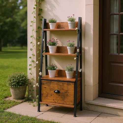 FurnitureR Pflanzenregal Leiterstil 42x29x110 cm, 4 Ebenen, Stoffschublade, 12 mm Holzplatten & 20 mm Metallrahmen, 7,5 cm Rückwand, Outdoor & Indoor Pflanzenständer von FurnitureR