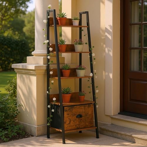 FurnitureR Pflanzenregal Leiterstil 42x29x141 cm, 5 Ebenen, Stoffschublade, 12 mm Holzplatten & 20 mm Metallrahmen, 7,5 cm Rückwand, Outdoor & Indoor Pflanzenständer von FurnitureR