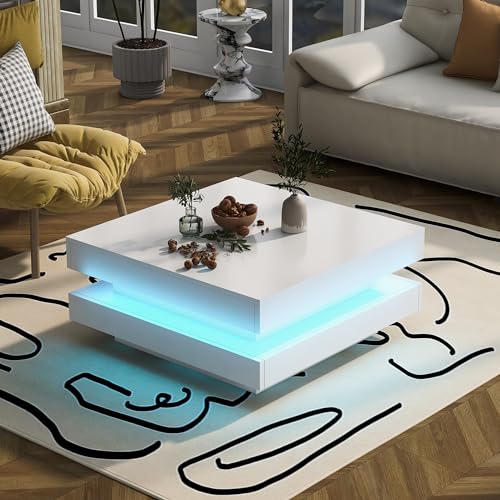 FurnitureR Quadratischer Couchtisch in Weiß - moderner technologischer Stil, mit Bluetooth-LED-Leiste, 70x70x36 cm, max. Belastung 45 kg von FurnitureR