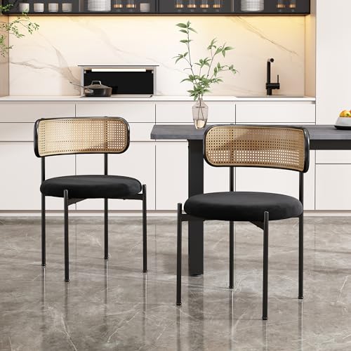 FurnitureR Samt-Esszimmerstuhl,2er Set, moderner, einfacher Freizeitstuhl mit Vier Stützbeinen aus Metall, Rattan-Freizeitstuhl, Wohnzimmer- und Schlafzimmerstuhl, Schwarz von FurnitureR