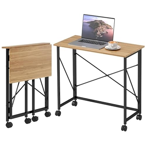 FurnitureR Schreibtisch Klappbar Kleiner 80 cm Klappschreibtisch mit Rollen Platzsparend Computertisch für Home Office, Eiche von FurnitureR