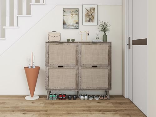 FurnitureR Schuhschrank mit Vier Türen (105x24x91cm),Retro-Grauer Schuhschrank mit Vier Türen, Rattan-Optik, doppeltem Regal, mit Rückwand, geeignet für Flure und ähnliche Bereiche von FurnitureR