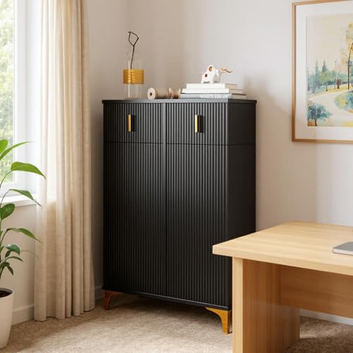 FurnitureR Schwarz Aktenschrank, Vertikalauszug, Modernes Design, 2-Türig, Robustes Spanplatte Material, Platzsparende Bürolösung, Leicht zusammenbauen, Stilvolle Akzente, Höhe 101 cm von FurnitureR