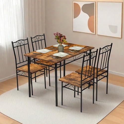 FurnitureR Set mit 5 Möbeln, 1 Esstisch mit 4 Stühlen, rechteckiger Tisch L 109 cm mit 4 Sitzen aus hohlem Eisen, Struktur aus Metall und MDF, industrieller Stil, Ruatic, für Küche, Garten von FurnitureR