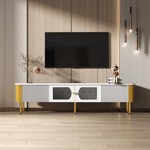 FurnitureR Weiß TV-Schrank mit Schubladen und speziell geformten Türverkleidungen, goldenen Griffen und Beinen, Bogenform FurnitureR Weiß TV-Schrank mit Schubladen und speziell geformten Türverkleidungen, goldenen Griffen und Beinen, Bogenform von FurnitureR