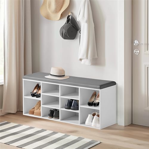 FurnitureR Weiße Aufbewahrungsbank, mit grauem Kissen, modernes Design, strapazierfähiges Material, vielseitig für den Eingang und das Wohnzimmer, Flur, Schlafzimmer, 103 x 29 x 45 cm von FurnitureR