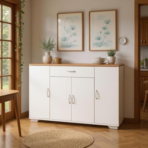 FurnitureR Weißer Buffet-Schrank, Moderne Design, MDF-Material, 110cm Breite, Kompakte Lagerlösung FurnitureR Weißer Buffet-Schrank, Moderne Design, MDF-Material, 110cm Breite, Kompakte Lagerlösung von FurnitureR