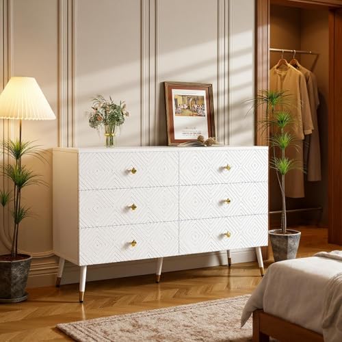 FurnitureR Weißer Kleiderschrank mit 6 Schubladen, Modernes Design, Robuste MDF-Konstruktion, Dekorative Akzente, Stilvolles Aufbewahrungsmöbel für Schlafzimmer von FurnitureR