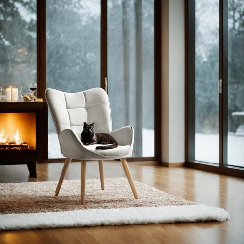FurnitureR Wohnzimmerhocker, Stoff, Beige, mit hoher Rückenlehne, ergonomisch, Beine aus Buchenholz, Höhe 45 cm, lässiger Lesesessel, geeignet für Büro, Schlafzimmer, 61 x 72 x 88 cm von FurnitureR