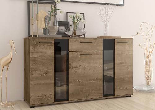 Furnix 3-türig Sideboard Sarai mit LED - Kommode mit Glastüren und Schubladen - 140 x 80 x 40 cm - Highboard für Wohnzimmer Flur Schlafzimmer - Anrichte mit viel Stauraum - Eiche Lefkas von Furnix