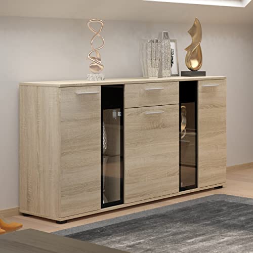 Furnix 3-türig Sideboard Sarai mit LED - Kommode mit Glastüren und Schubladen - 140 x 80 x 40 cm - Highboard für Wohnzimmer Flur Schlafzimmer - Anrichte mit viel Stauraum - Eiche Sonoma von Furnix