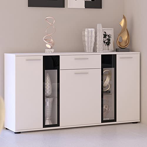 Furnix 3-türig Sideboard Sarai mit LED - Kommode mit Glastüren und Schubladen - 140 x 80 x 40 cm - Highboard für Wohnzimmer Flur Schlafzimmer - Anrichte mit viel Stauraum - Weiß von Furnix