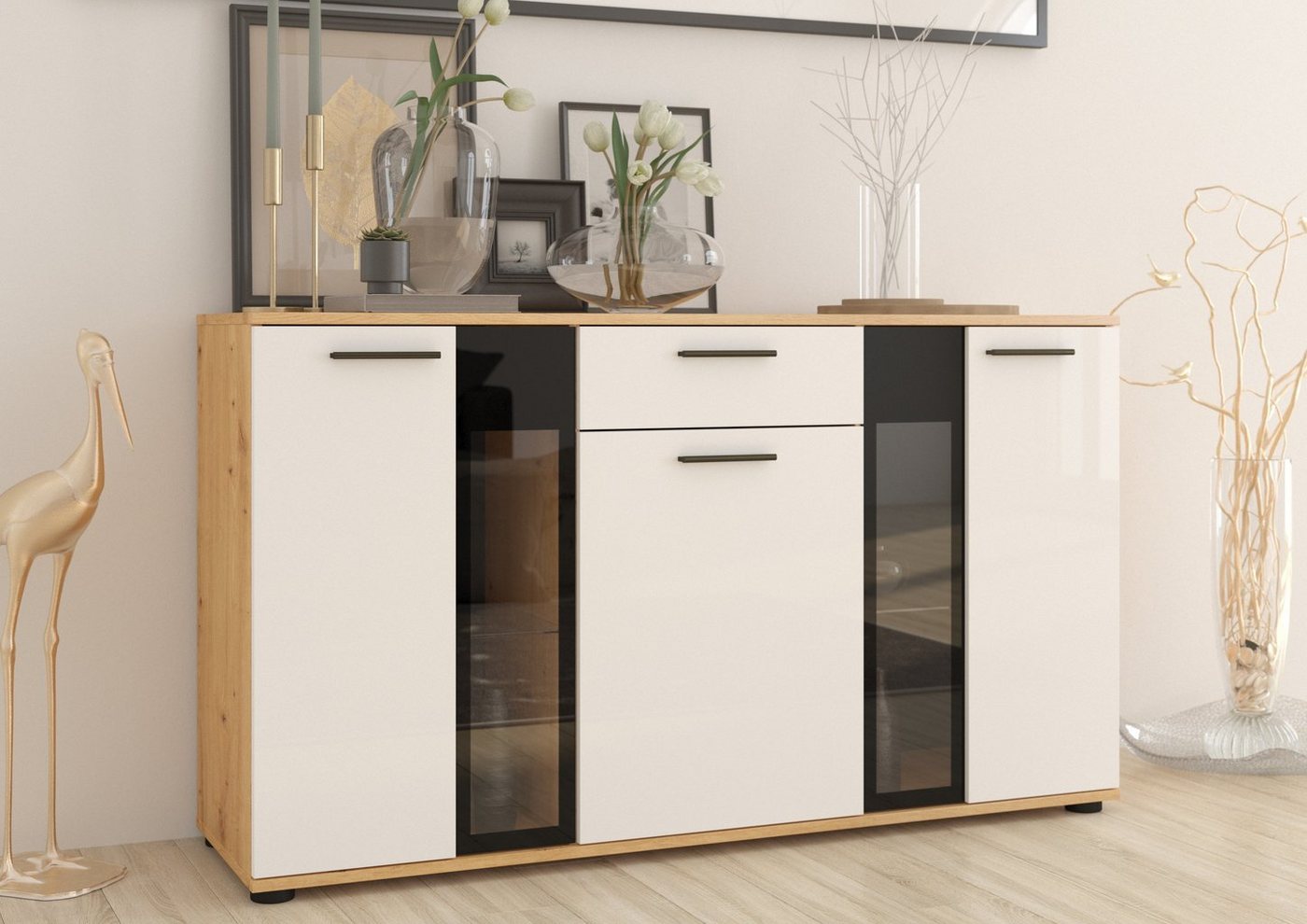 Furnix Anrichte Sideboard SARAI mit Glastüren, 1 Schublade, 3 Türen, B140,4 x H80 x T40,2 cm von Furnix