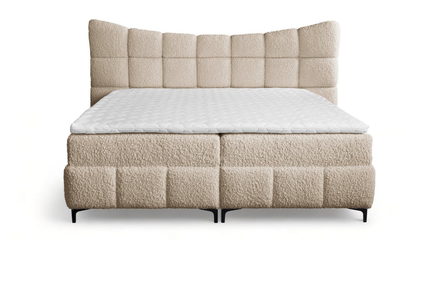 Furnix Boxspringbett Blosom 120/140/160/180x200 Doppelbett mit Topper und Metalfüßen, kuscheliger Bouclé Bezug, modern geschwungenes Kopfteil von Furnix