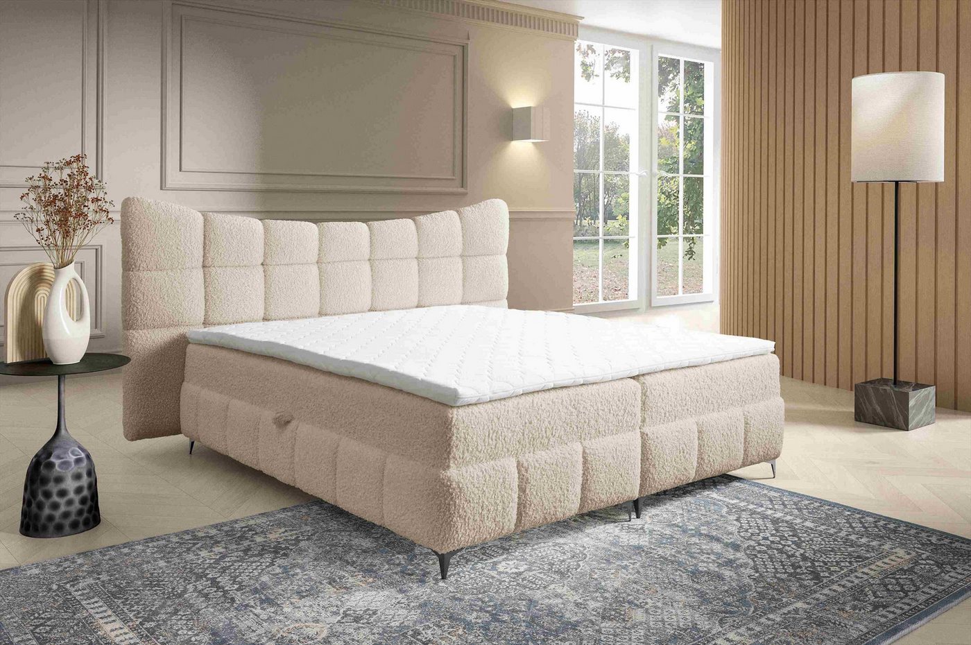 Furnix Boxspringbett Blosom 120/140/160/180x200 Doppelbett mit Topper und Metalfüßen, kuscheliger Bouclé Bezug, modern geschwungenes Kopfteil von Furnix